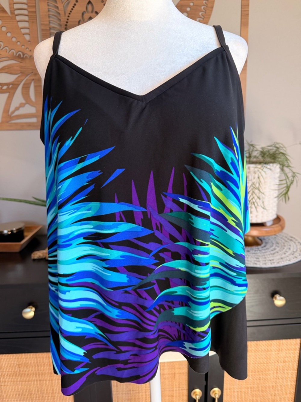 Aqua Green Black Tankini Top with Blue, Teal, and Purple Palm Print